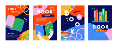 Book fair poster for advertising. banner for book fair in modern bold style. Advertising template for bookstore, bookshop, library.のイラスト素材