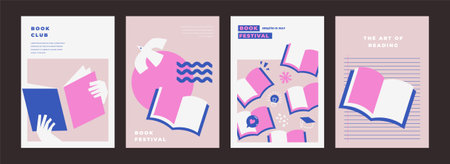 Book fair poster for advertising. banner for book fair in modern bold style. Advertising template for bookstore, bookshop, library.のイラスト素材