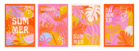 Colorful tropical summer background. Summer banner, poster design with jungle leavesのイラスト素材
