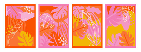 Colorful tropical summer background. Summer banner, poster design with jungle leavesのイラスト素材