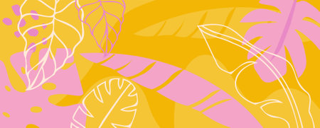 Colorful tropical summer background. Summer banner, poster design with jungle leavesのイラスト素材