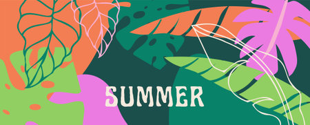 Colorful tropical summer background. Summer banner, poster design with jungle leavesのイラスト素材