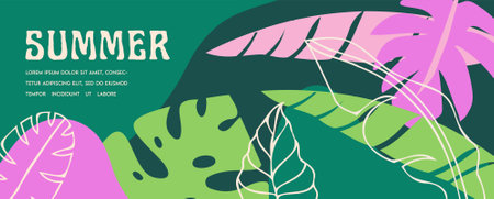 Colorful tropical summer background. Summer banner, poster design with jungle leavesのイラスト素材
