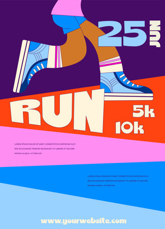 Vector poster - running and sport. Running shoe marathon background template. athlete runner feet running or walking on road . closeup illustration vectorのイラスト素材