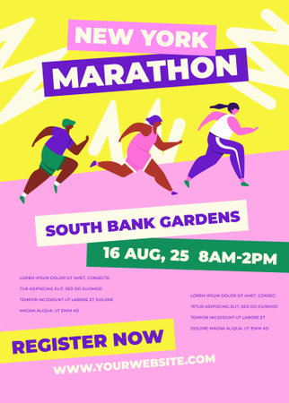 Abstract runners figures. Colorful illustration of group of people, men and women, running marathon together. Running race, people run, colorful poster templateのイラスト素材