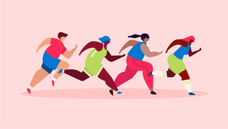Abstract runners figures. Colorful illustration of group of people, men and women, running marathon together. Running race, people run, colorful poster templateのイラスト素材