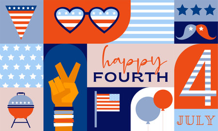 USA Independence Day background. 4th of July design with American flag, icons and symbols. Colorful Abstract Geometric Background. Modern colorful concept design. holiday banner, poster, greeting cardのイラスト素材