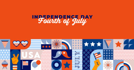 USA Independence Day background. 4th of July design with American flag, icons and symbols. Colorful Abstract Geometric Background. Modern colorful concept design. holiday banner, poster, greeting cardのイラスト素材