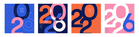 Happy New Year- 2026 . Collection of greeting background designs, New Year, social media promotional content. Vector illustration.のイラスト素材