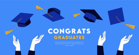 Minimalist Graduation Celebration Banner with Tossing Caps and Fireworks. Flat Vector Illustration with Light Blue Background.