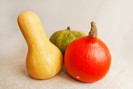 Orange pumpkin hokkaido, yellow butternut squash and green pumpkin on the natural linen baseの写真素材