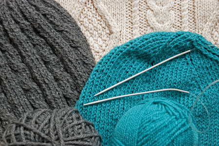 Wool, knitting needles, knitted jobsの写真素材