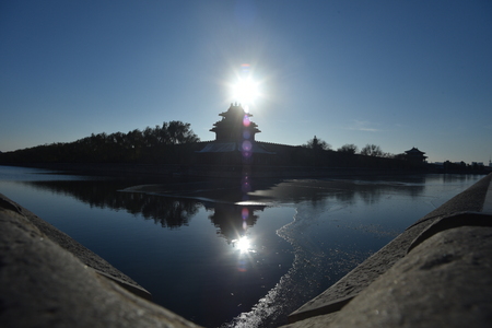 Ancient summer palace tower under the sun raysのeditorial素材