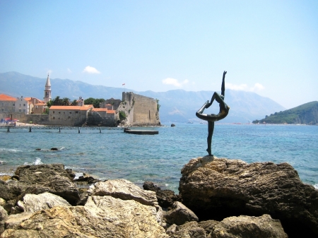 coast of Budva in Montenegro with the symbol of the cityの写真素材