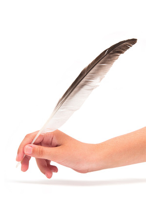 Feather in hand isolated on whiteの写真素材