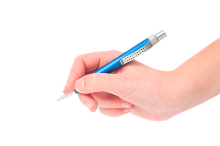 Blue pen in handの写真素材