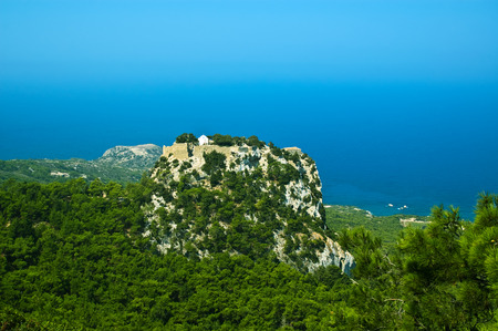View at Monolithos knights castle and Aegean sea, Rhodes, Greece の写真素材