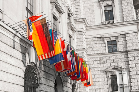 International flags at the Hofburg in Vienna, Austriaのeditorial素材