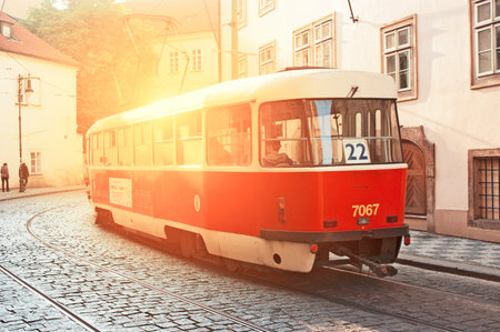 PRAGUE, CZECH REPUBLIC - NOVEMBER 03, 2014: Retro tram Tatra T3R at the Prague street.のeditorial素材