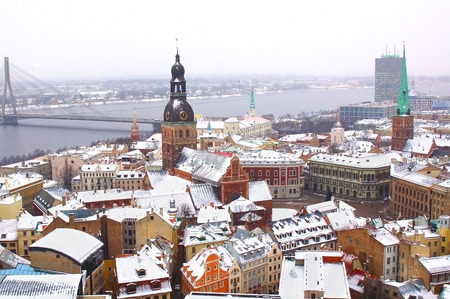 Panorama of Riga downtown with big cable bridge over Daugava riverの写真素材