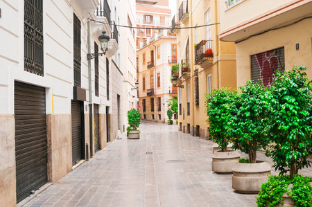 Empty street in old town in Valencia, Spainのeditorial素材