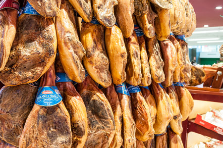 VALENCIA, SPAIN- JULY 04, 2015: Bellota hamon in supermarket Mercadona- is largest supermarket chain in Spainのeditorial素材