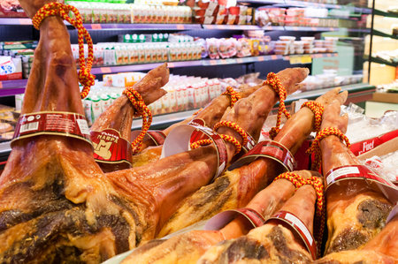 VALENCIA, SPAIN- JULY 04, 2015: Hamon in supermarket Mercadona- is largest supermarket chain in Spainのeditorial素材