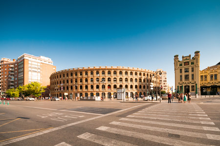 VALENCIA; SPAIN - JULY 14; 2015: Bull fighting arena- Plaza de Toros in Valencia. The stadium holds 10500 people. Was built in 1841 (arch. Sebastian Monleon)のeditorial素材
