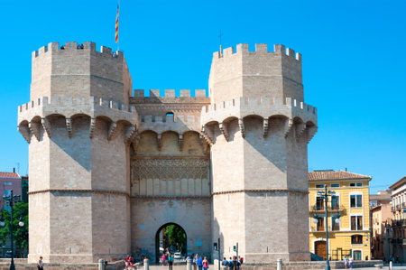 VALENCIA, SPAIN - JULY 01, 2015: Serrano Towers (Torres de Serranos) are located on Plaza de los Fueros in Valencia, Spainのeditorial素材