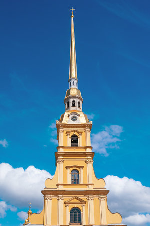 ST. PETERSBURG, RUSSIA - JULY 26, 2015: Spire of Peter and Paul Fortress against blue sky in St. Petersburg, Russiaのeditorial素材