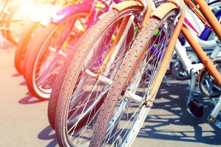 Wheels of bicycles closeup