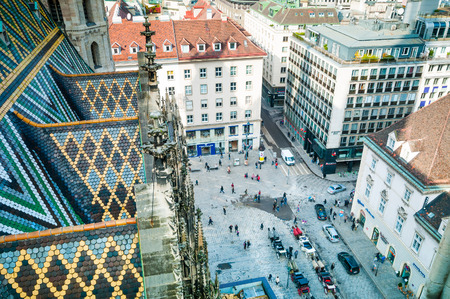 Aerial view of Stephansplatz with tourists and fiakers in Vienna, Austriaの写真素材