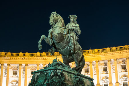 VIENNA, AUSTRIA - APRIL 23, 2016: Monument of the Prinz Eugen on Heldenplatz in Hofburg near to the Austrian national library at nightのeditorial素材
