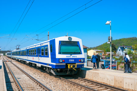 VIENNA, AUSTRIA - APRIL 21, 2016: Electric train at railway station Leobendorf located near Vienna