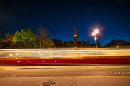 Blurry lights tram at night