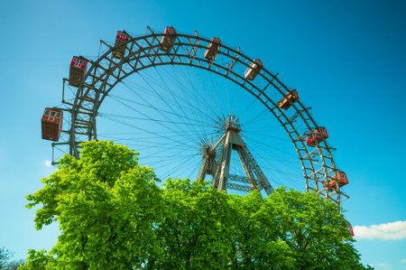VIENNA, AUSTRIA - APRIL 20, 2016: Giant Ferris Wheel against blue sky in Prater Parkのeditorial素材