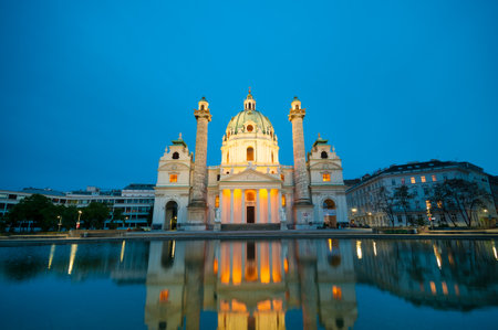 VIENNA, AUSTRIA - View of famous Saint Charles's Church (Wiener Karlskirche) at Karlsplatz by nightのeditorial素材