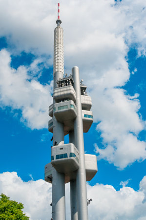 PRAGUE, CZECH REPUBLIC - JUNE 21, 2016:  Zizkov telecommunication tower with unique sculptures of babies by Czech artist David Cernyのeditorial素材