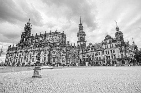 DRESDEN, GERMANY- JUNE 20, 2016: Historical center in old town of Dresden. Black and white imageのeditorial素材
