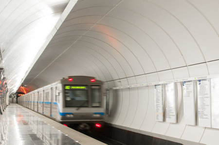 MOSCOW, RUSSIA - NOVEMBER 05, 2016: Departing subway train at metro station Butirskaya in Moscow, Russia.のeditorial素材