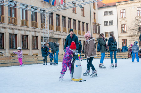 BRATISLAVA, SLOVAKIA - DECEMBER 16, 2016: People at skating rink in old townのeditorial素材