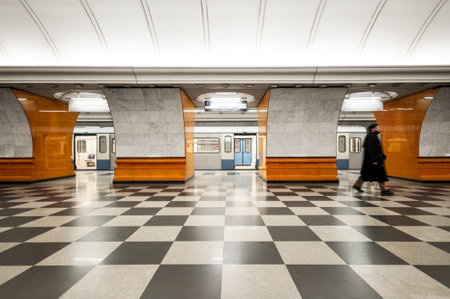 MOSCOW, RUSSIA - MARCH 20, 2017: Subway train at metro station Park Pobedy