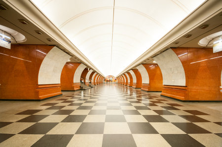 MOSCOW, RUSSIA - MARCH 20, 2017: Interior of subway station Park Pobedyのeditorial素材