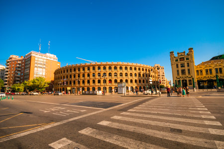 VALENCIA; SPAIN - JULY 14; 2015: View on Bull fighting arena- Plaza de Torosのeditorial素材