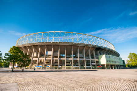 VIENNA, AUSTRIA - JUNE 05, 2017: The outside of Ernst Happel Stadium on blue sky backgroundのeditorial素材