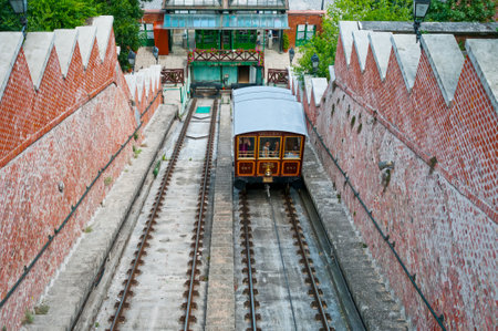 BUDAPEST, HUNGARY- JUNE 05, 2017: Funicular with tourists to Buda castleのeditorial素材