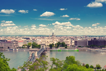 BUDAPEST, HUNGARY- JUNE 05, 2017: City landscape with  Szechenyi Chain Bridgeのeditorial素材