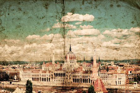 City landscape of Budapest with Hungarian Parliament. Retro image on grunge backgroundの写真素材
