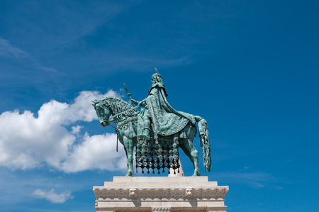 Statue of Stephen I on blue sky background in Budapest, Hungaryの写真素材