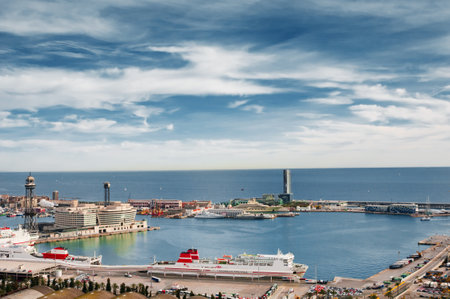 BARCELONA,SPAIN - DECEMBER 31, 2017: Aerial view on Port Vell with docked shipsのeditorial素材